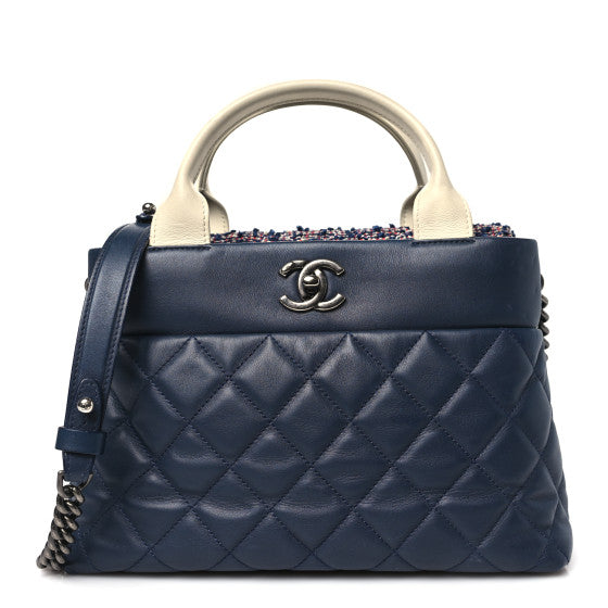 Chanel Calfskin Tweed Quilted Small Tote Navy Multicolor