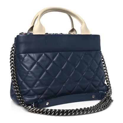 Chanel Calfskin Tweed Quilted Small Tote Navy Multicolor