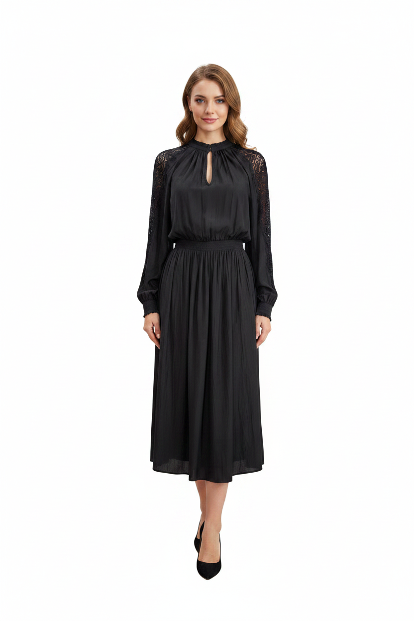 Ramy Brooke Lace Trim Sleeves Black Dress- Gazelle Fashion and Style 