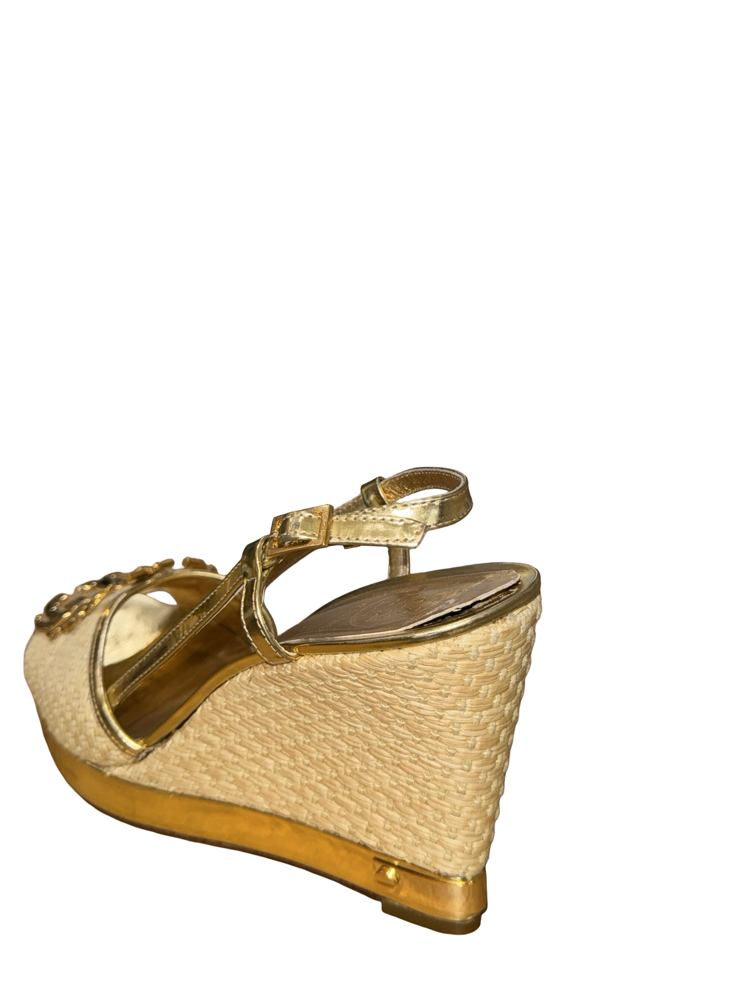 Tory Burch Gold Raffia Wede Heels