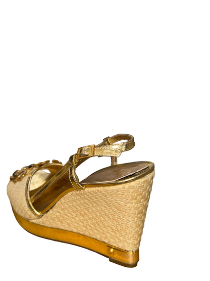 Tory Burch Gold Raffia Wede Heels