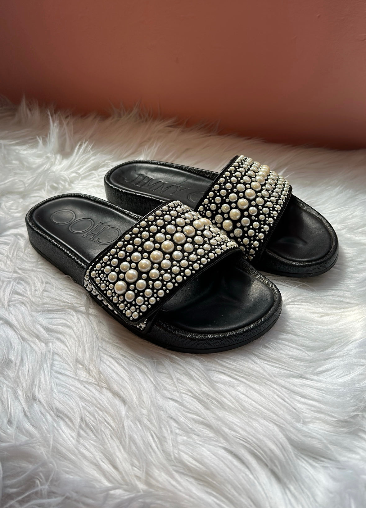 JIMMY CHOO Faux Pearl Accents Leather Slides