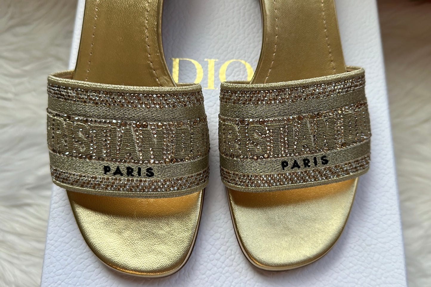 CHRISTIAN DIOR Leather Crystal Embellishments Slides