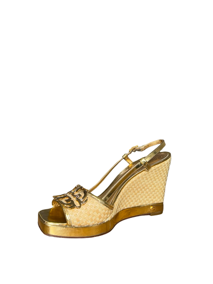Tory Burch Gold Raffia Wede Heels- Gazelle Fashion and Style 