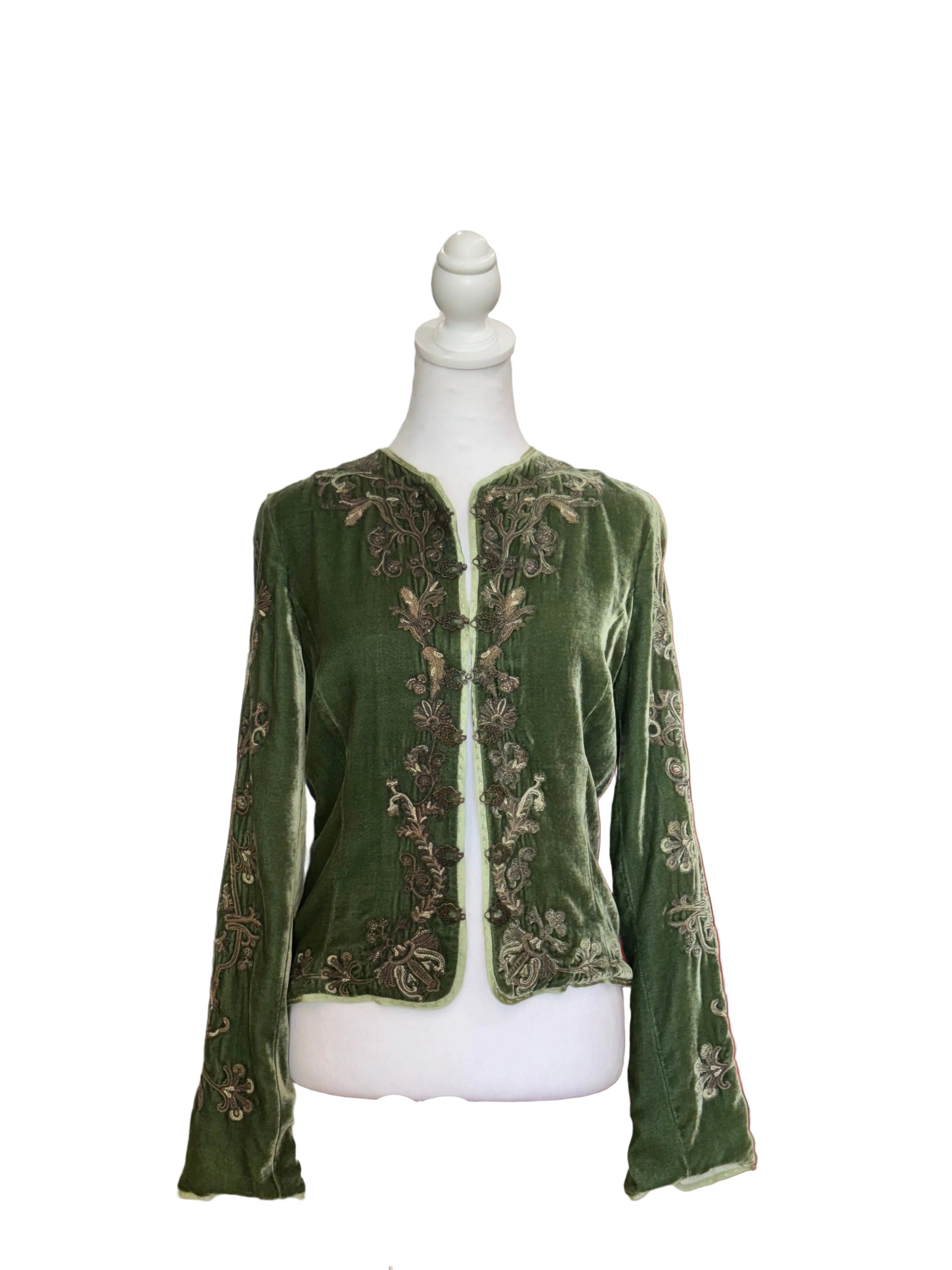 Embroidered Green Velvet Jacket-JACKETS-xs/s-green--Gazelle Fashion and Style