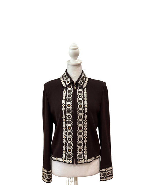 St. John Collection Embellished Zip-Up Cardigan-TOPS-6-brown-Excellent-Gazelle Fashion and Style