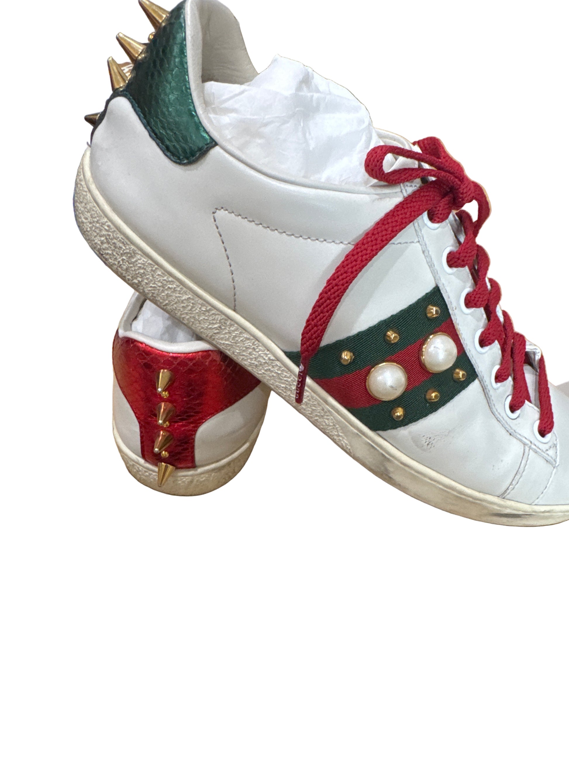 Gucci Red and Green Sneakers with Embellishments-SHOES-Gazelle Fashion and Style
