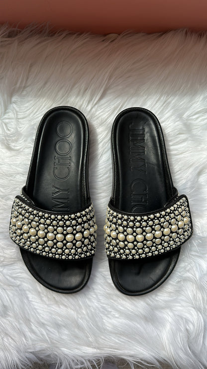 JIMMY CHOO Faux Pearl Accents Leather Slides