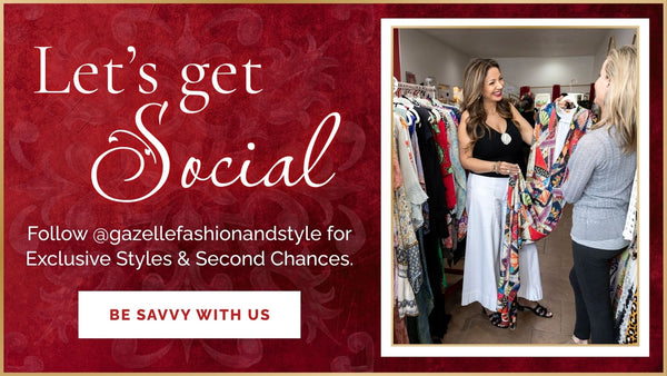 Promotional graphic with text 'Let's get Social' and a call to action for following a fashion account, alongside an image of two women in a store.