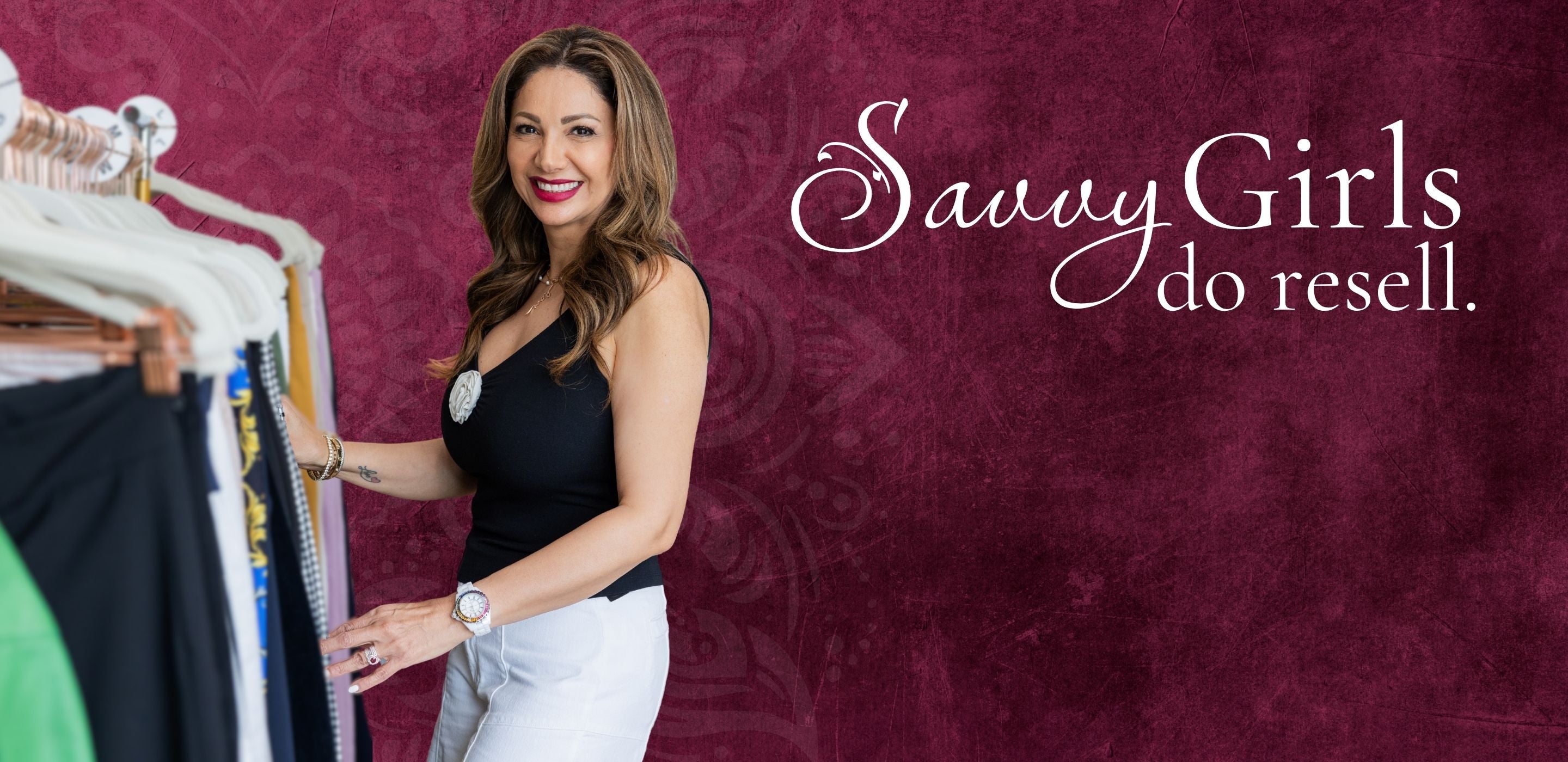 Woman standing next to a rack of clothes with 'Savvy Girls do resell' text on a maroon background