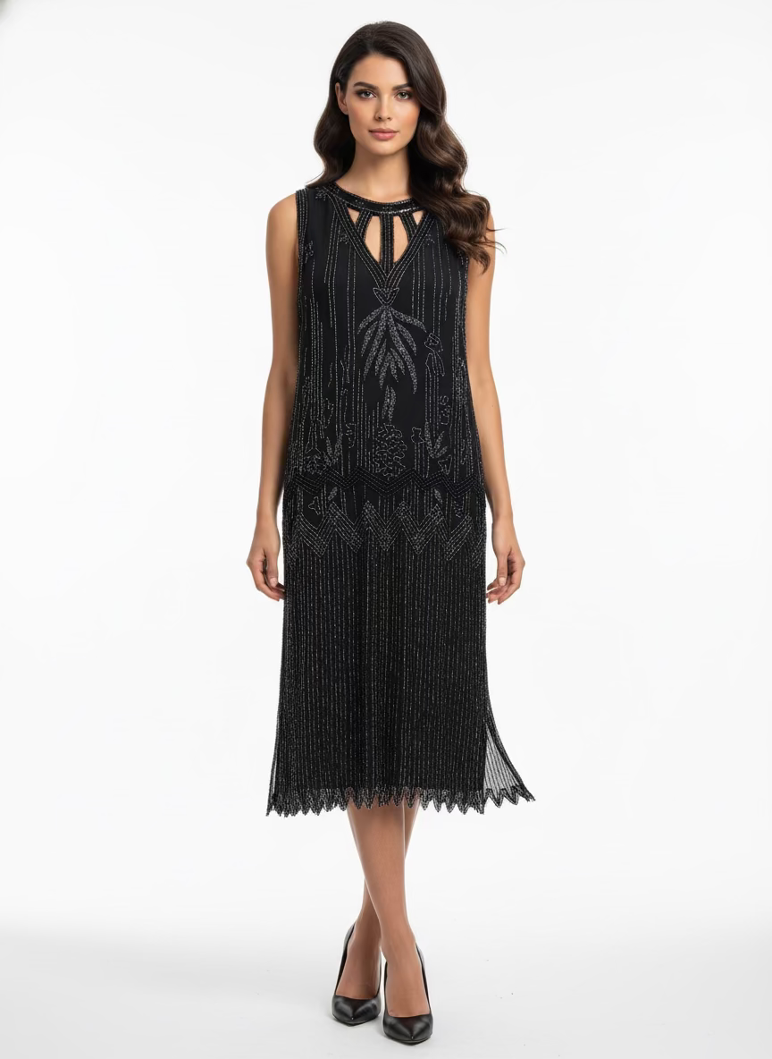 Art Deco-Style Black Beaded Flapper Dress-DRESS-Gazelle Fashion and Style