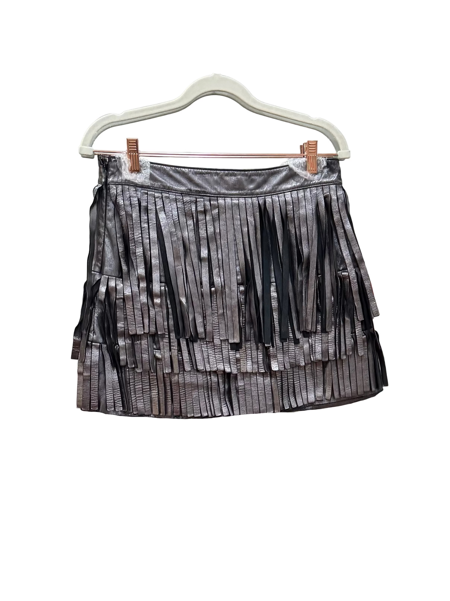 All Saints Aisha Tassel Fringed Leather Mini Skirt- Size: 6 , $145-Skirt-Gazelle Fashion and Style