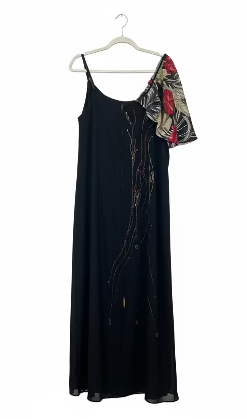 Custom-Made Black Dress with Floral Sleeve-DRESS-Gazelle Fashion and Style