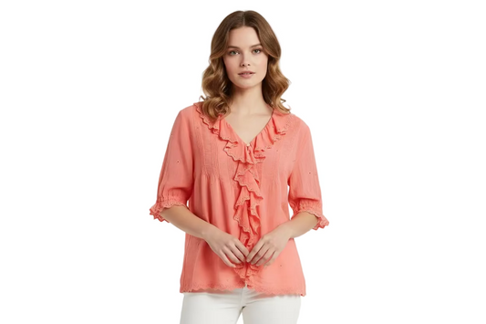 Johnny Was Ruffle Peach Blouse-TOPS-Gazelle Fashion and Style