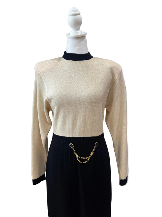 Vintage Stylish Two-Tone Sweater Dress with Chain Detail-DRESS-Beige & Black-New-Gazelle Fashion and Style