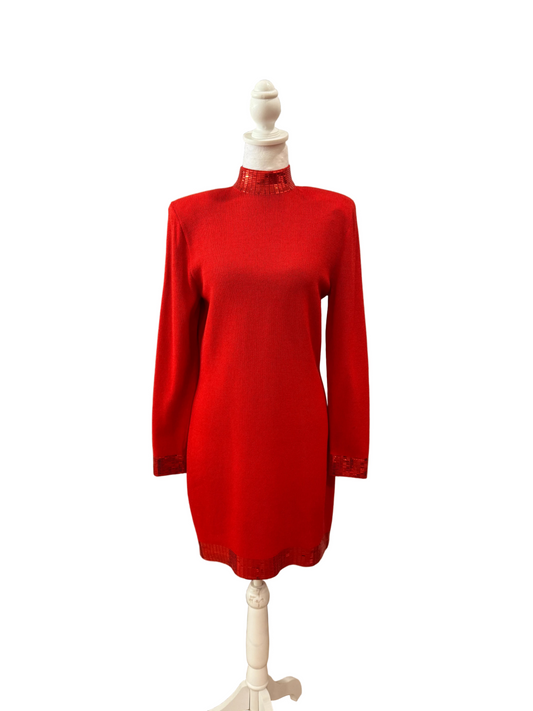 St John Red Knitted Sweater Dress-DRESS-6-red-Excellent-Gazelle Fashion and Style
