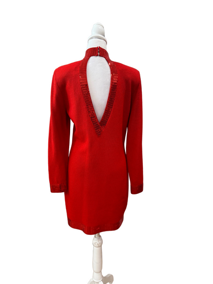 St John Red Knitted Sweater Dress-DRESS-Gazelle Fashion and Style
