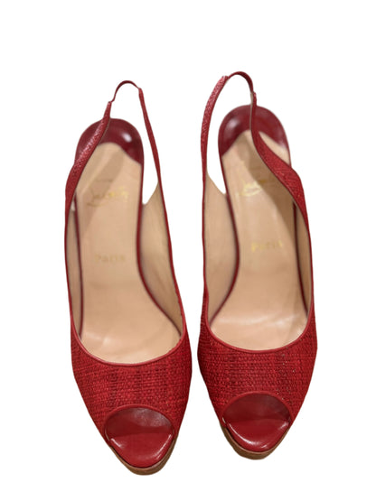 Christian Louboutin Red Woven Slingback Peep-Toe Heels