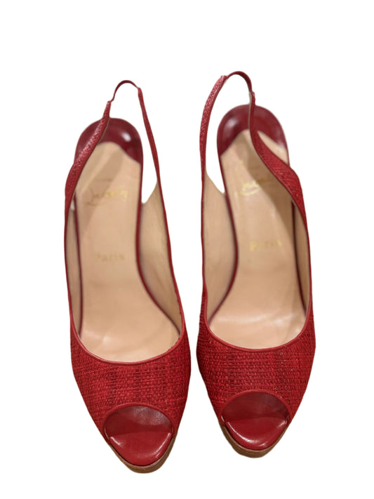 Christian Louboutin Red Woven Slingback Peep-Toe Heels
