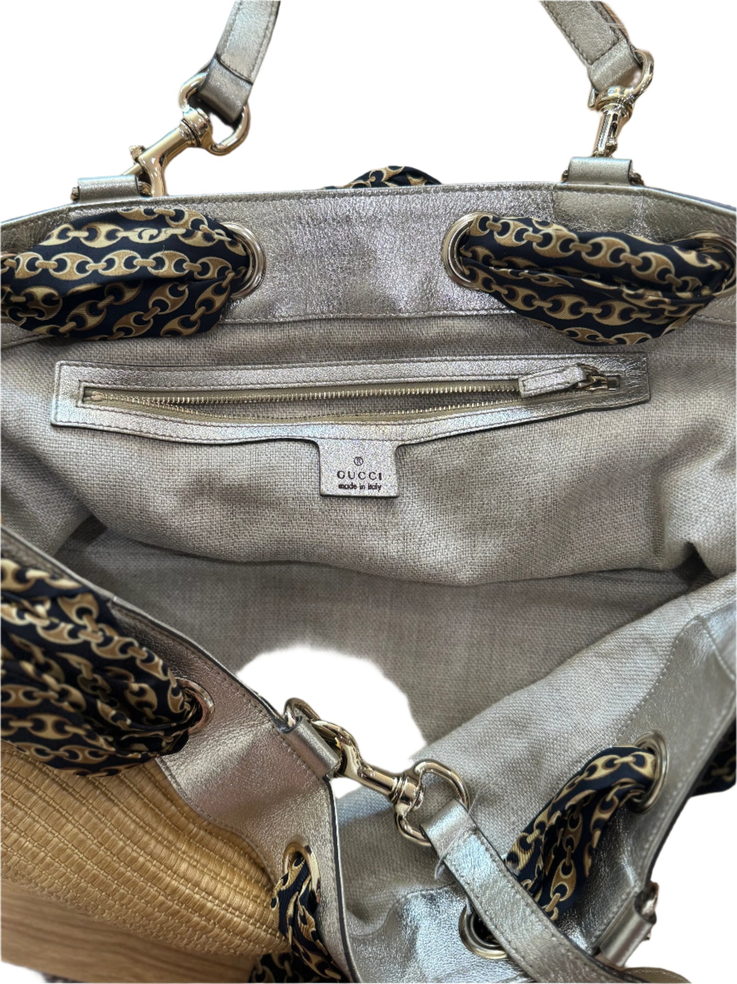 Gucci Metallic Raffia & Leather Shoulder Bag with Scarf