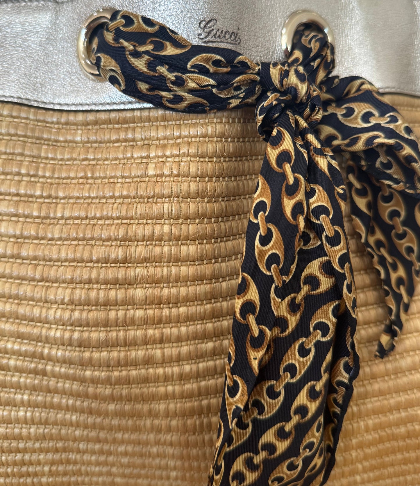 Gucci Metallic Raffia & Leather Shoulder Bag with Scarf