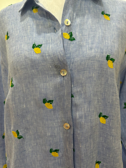 Sartoria Chambray Lemon-Embroidered Maxi Shirt Dress