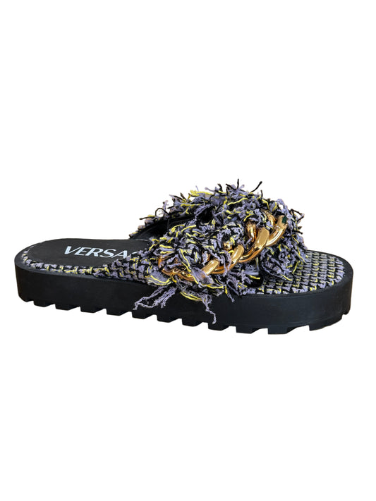 Versace Tweed Fringe Sandals With Chain Detail