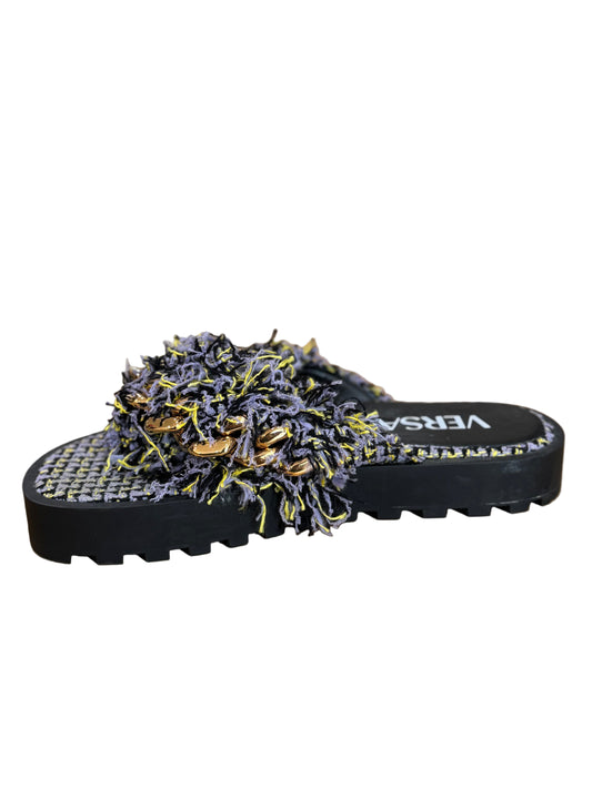 Versace Tweed Fringe Sandals With Chain Detail