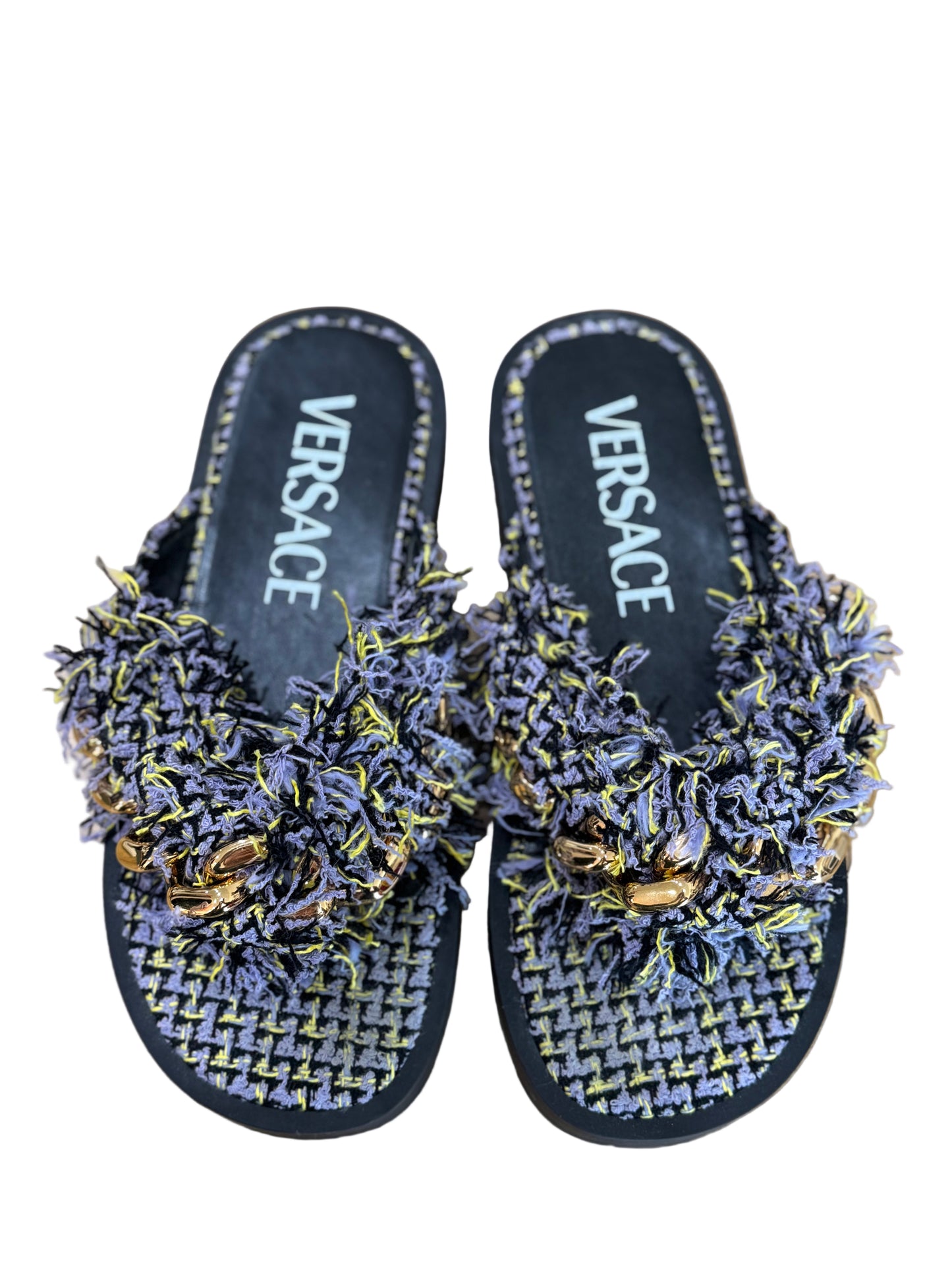 Versace Tweed Fringe Sandals With Chain Detail