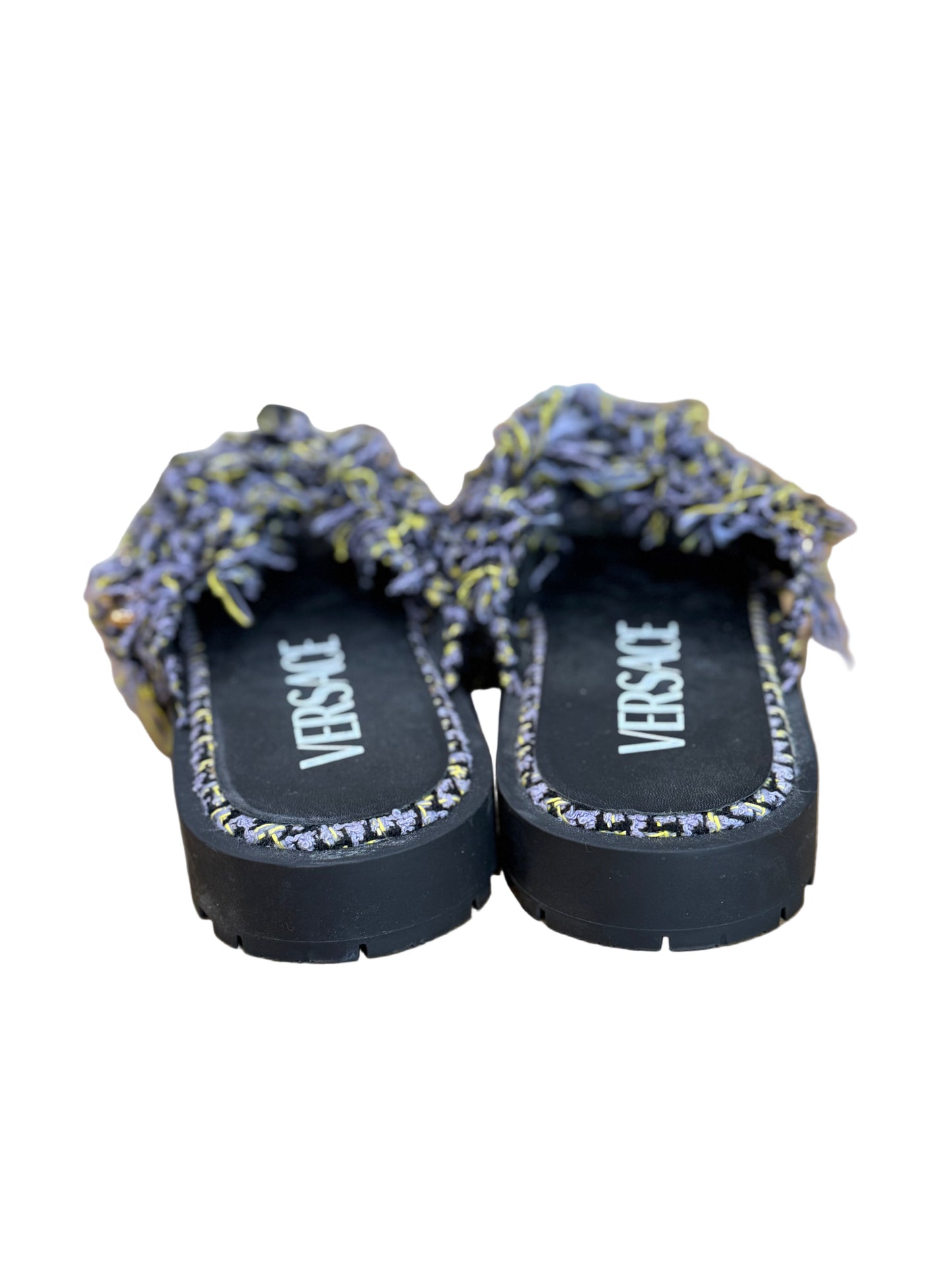 Versace Tweed Fringe Sandals With Chain Detail