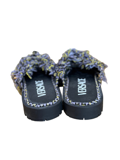 Versace Tweed Fringe Sandals With Chain Detail