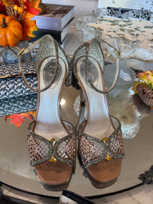 Rene Caovilla Venezia Embellished Stiletto Studded Sandal Heels- Size 38.5, US 8.5-Shoes-Gazelle Fashion and Style