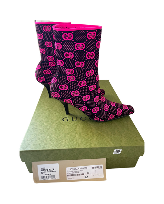 Gucci Women's Pointy Toe Sock Boots GG Technical Fabric Pink