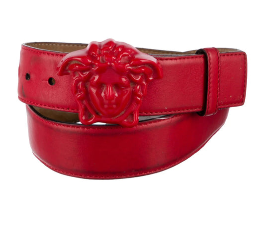 Versace Skinny Leather La Medusa Belt- Red (Size 85cm/34in)-Belts-Gazelle Fashion and Style