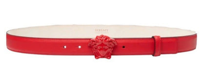 Versace Skinny Leather La Medusa Belt- Red (Size 85cm/34in)-Belts-Gazelle Fashion and Style