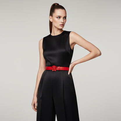 Versace Skinny Leather La Medusa Belt- Red (Size 85cm/34in) $245-Belts-Gazelle Fashion and Style