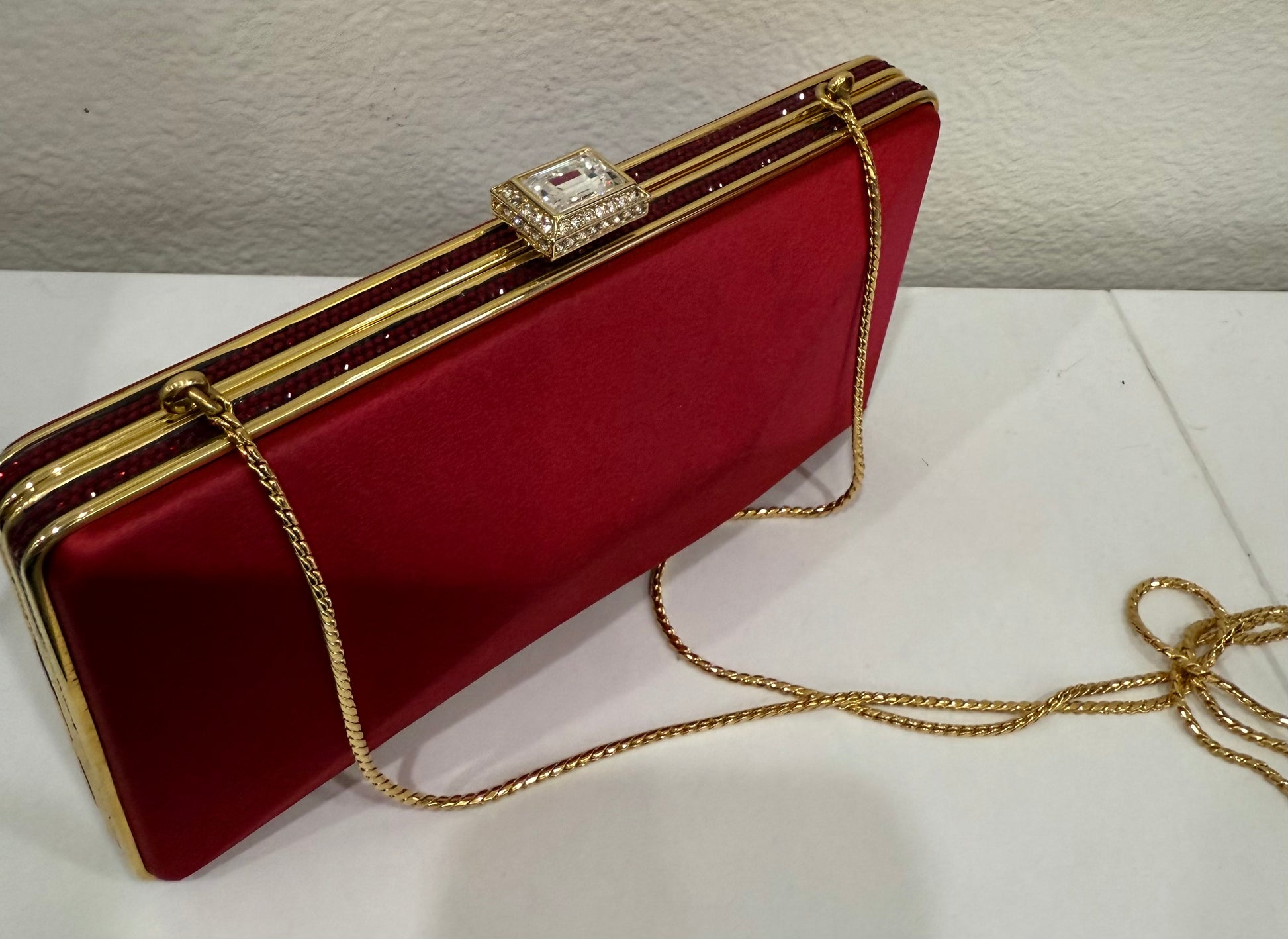 Judith Leiber Couture Red Slim Slide Clutch $155-Bags-Gazelle Fashion and Style