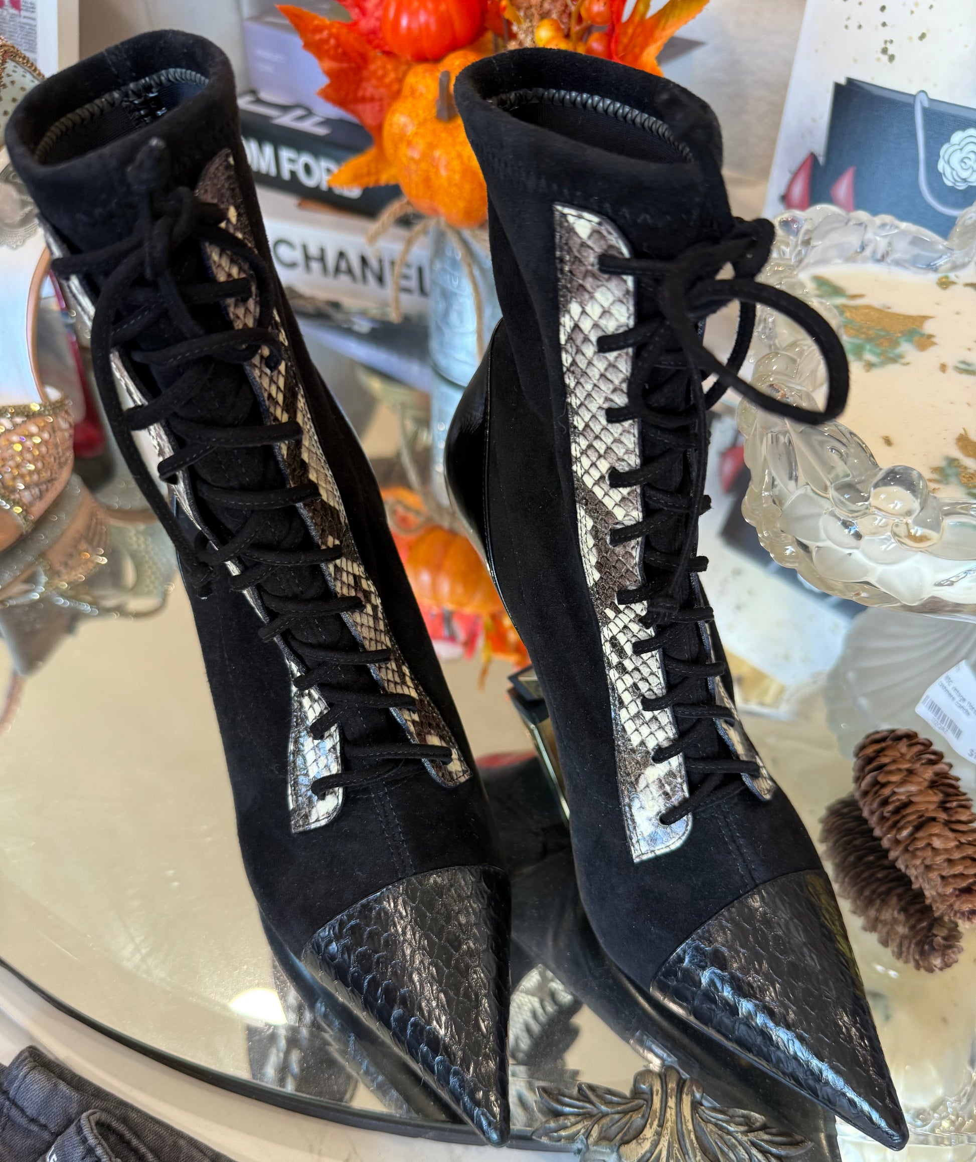 Casadei Suede & Leather Snakeskin Detail Lace Up Boot- Size 7.5 $175-Shoes-Gazelle Fashion and Style