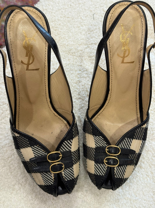 YSL Rive Gauche Plaid Leather Slingback Heel -Size 38. US 7 $285-Shoes-Gazelle Fashion and Style