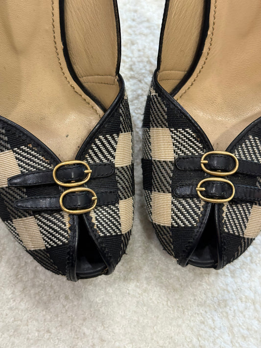 YSL Rive Gauche Plaid Leather Slingback Heel -Size 38. US 7 $285-Shoes-Gazelle Fashion and Style