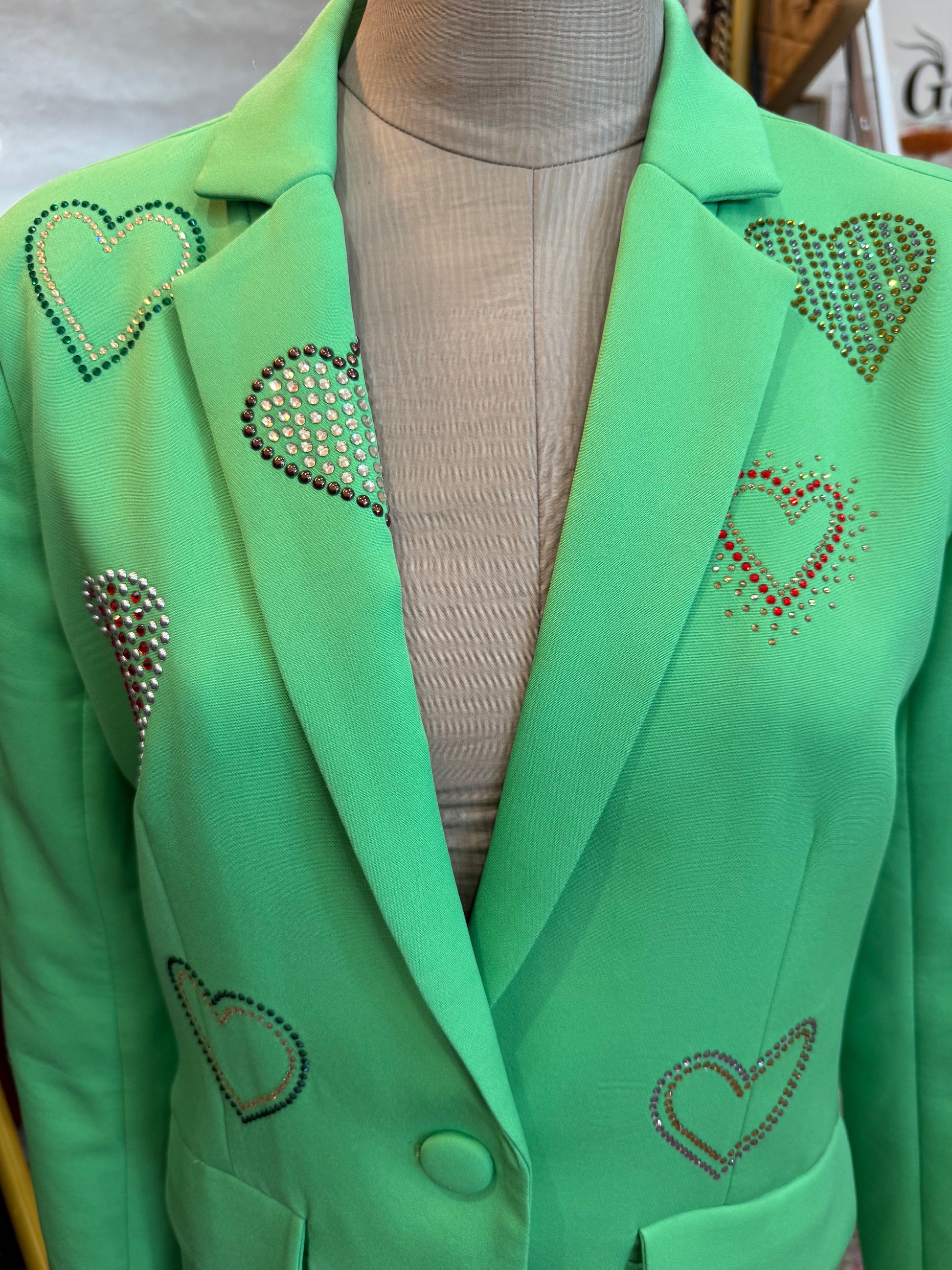 Azi Green Heart Studded Blazer- Size: S $135-Jacket-Gazelle Fashion and Style