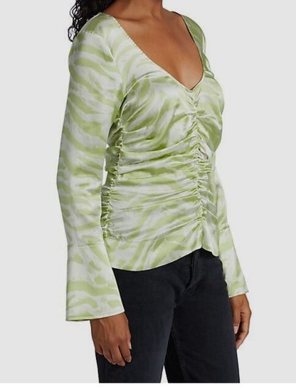 GANNI Silk Long Sleeve Green Zebra Print Ruched Top- Size: 38 US 2, $125