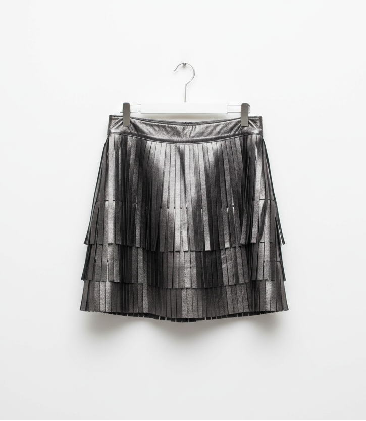 All Saints Aisha Tassel Fringed Leather Mini Skirt- Size: 6 , $145-Skirt-Gazelle Fashion and Style