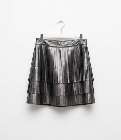 All Saints Aisha Tassel Fringed Leather Mini Skirt- Size: 6 , $145-Skirt-Gazelle Fashion and Style