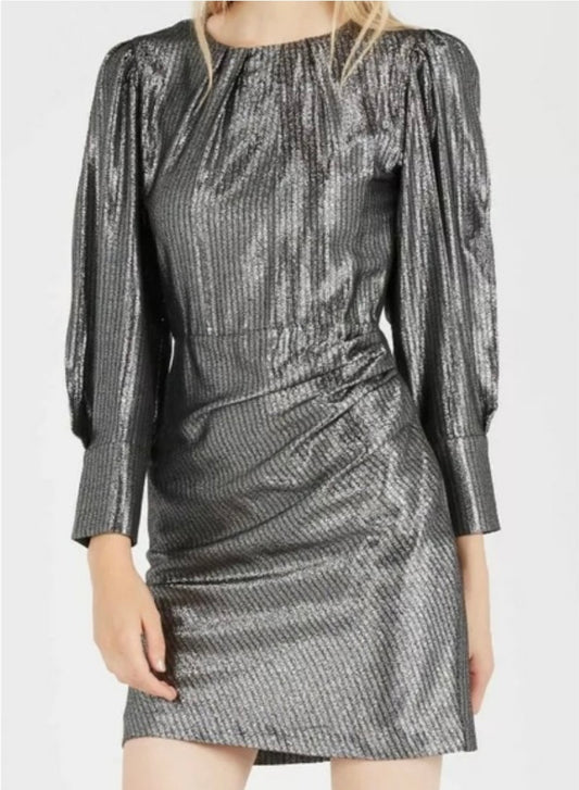 Maje Ralery Metallic Argent Dress- Size 40, US Large- $175-Dresses-Gazelle Fashion and Style