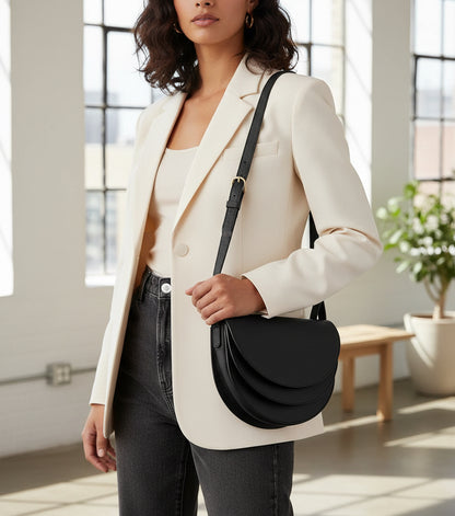 Cuyana Black Leather Saddle Bag-HANDBAGS-Gazelle Fashion and Style