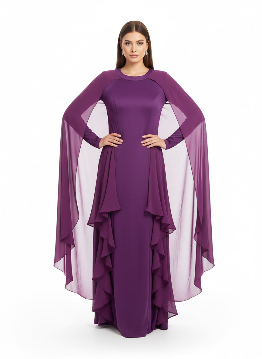 Elegant Purple Evening Dress with Flowing Sleeves-DRESS-Gazelle Fashion and Style
