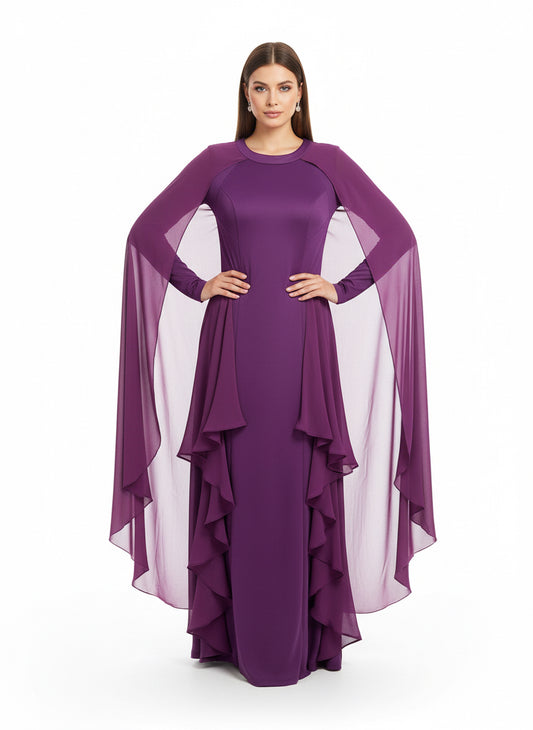 Elegant Purple Evening Dress with Flowing Sleeves-DRESS-Gazelle Fashion and Style