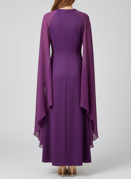 Elegant Purple Evening Dress with Flowing Sleeves-DRESS-Gazelle Fashion and Style