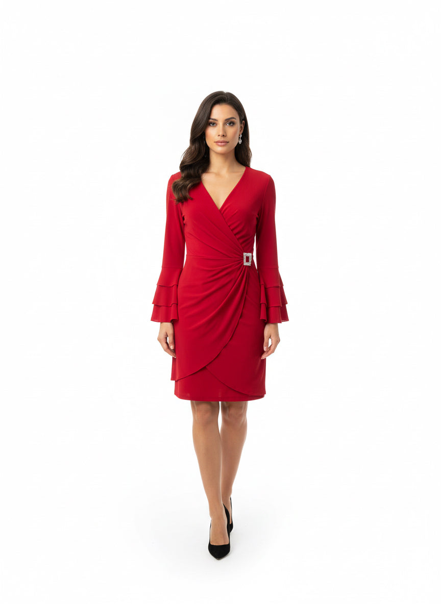 R&M Richards Red Dress with Flared Sleeves-DRESS-Gazelle Fashion and Style